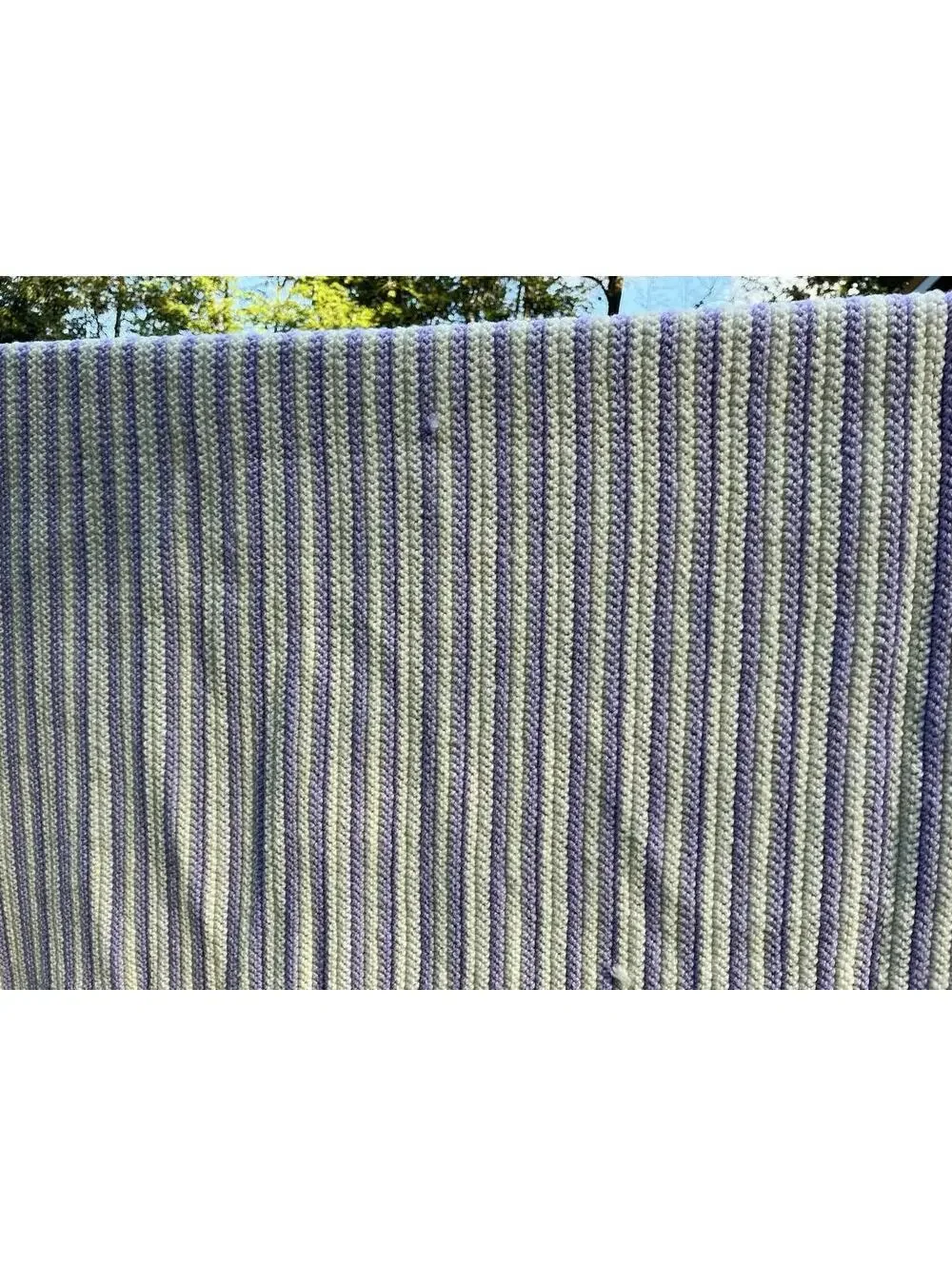 72x80” White Pastel Purple Striped Fringe Crocheted Handmade Afghan